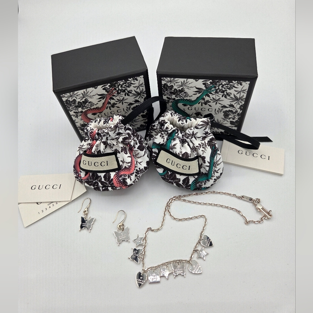Gucci 925 Sterling Silver Butterfly Dangle Earrings & Multi-charm Necklace Set